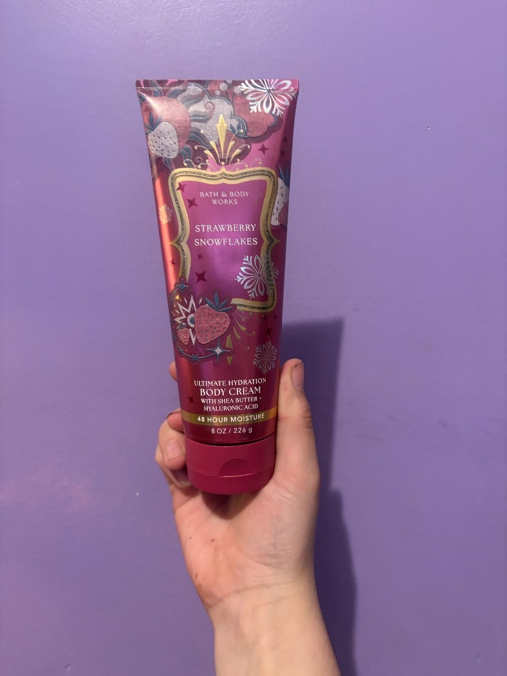 Bath & Body Works Strawberry Snowflakes Body Cream - Dark Pink with Gold Accents